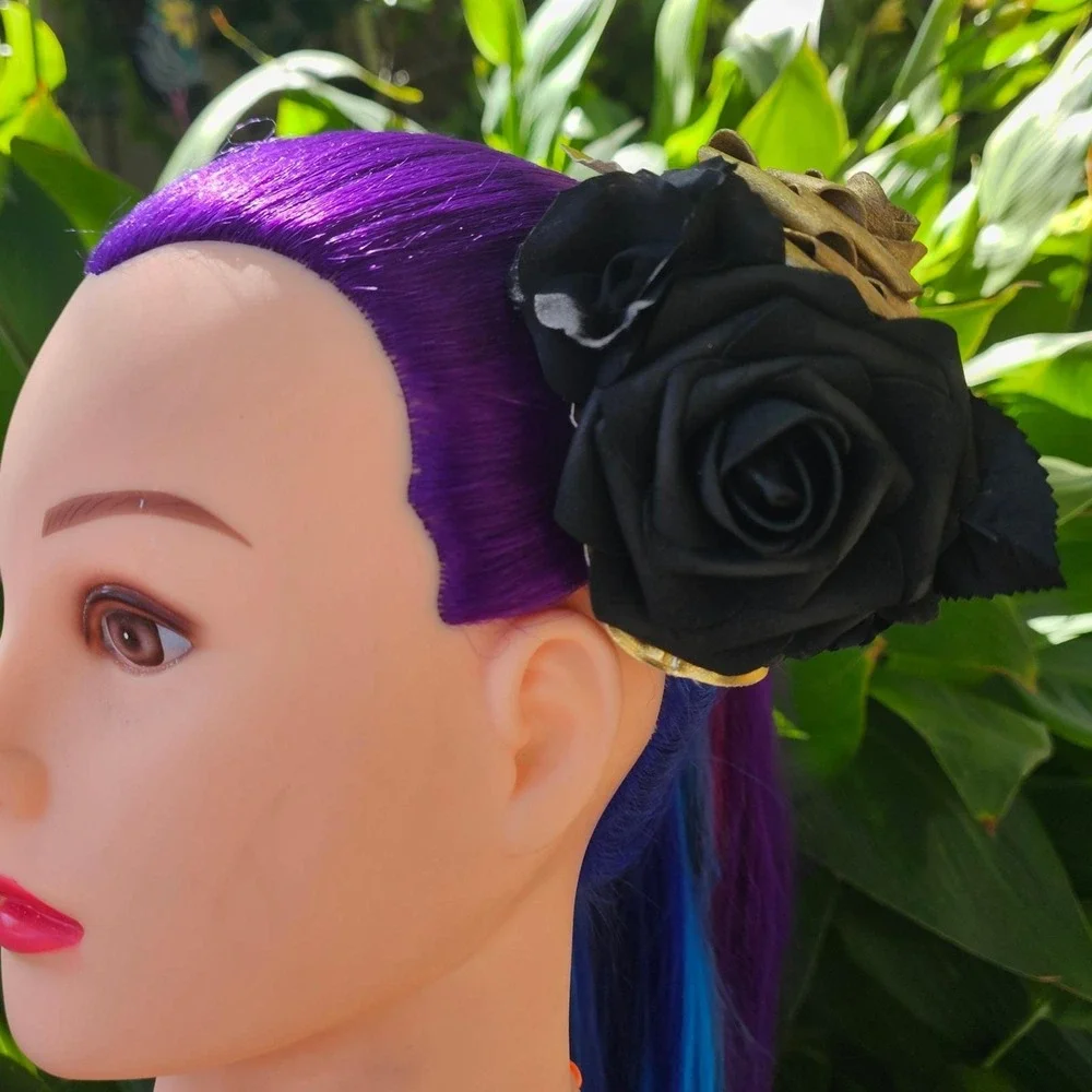 Handmade Black Gold‎ Rose Hair Clip Gothic Glam Floral Fascinator Rockabilly